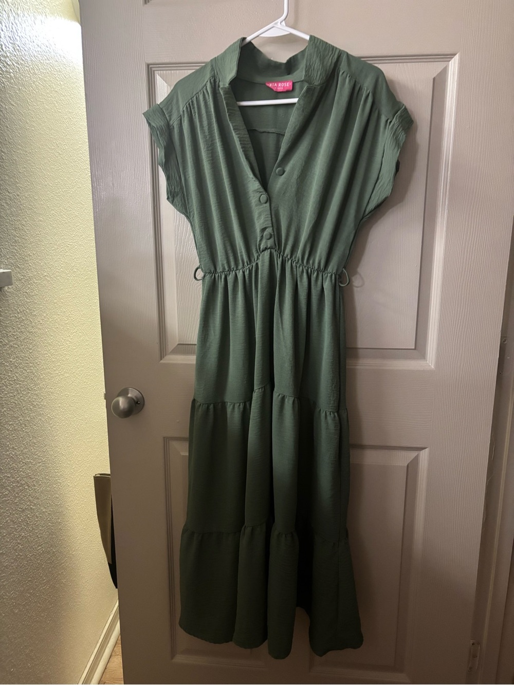 Tiered Olive Maxi Dress with Cinched Waist